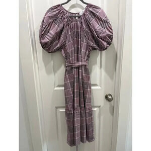 Never A Wallflower Puff Sleeve Burgundy Plaid Midi Dress Sz S